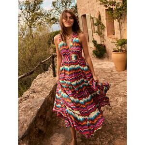 Boden Multicolor Wave Halter Maxi Dress in Pink, Blue & Yellow